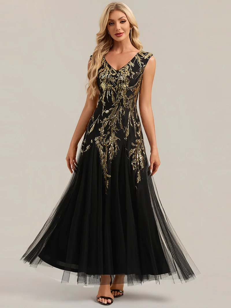 ever FREYA|Robe Longue de Soirée Chic en Tulle Brodé de Fleurs et Sequins