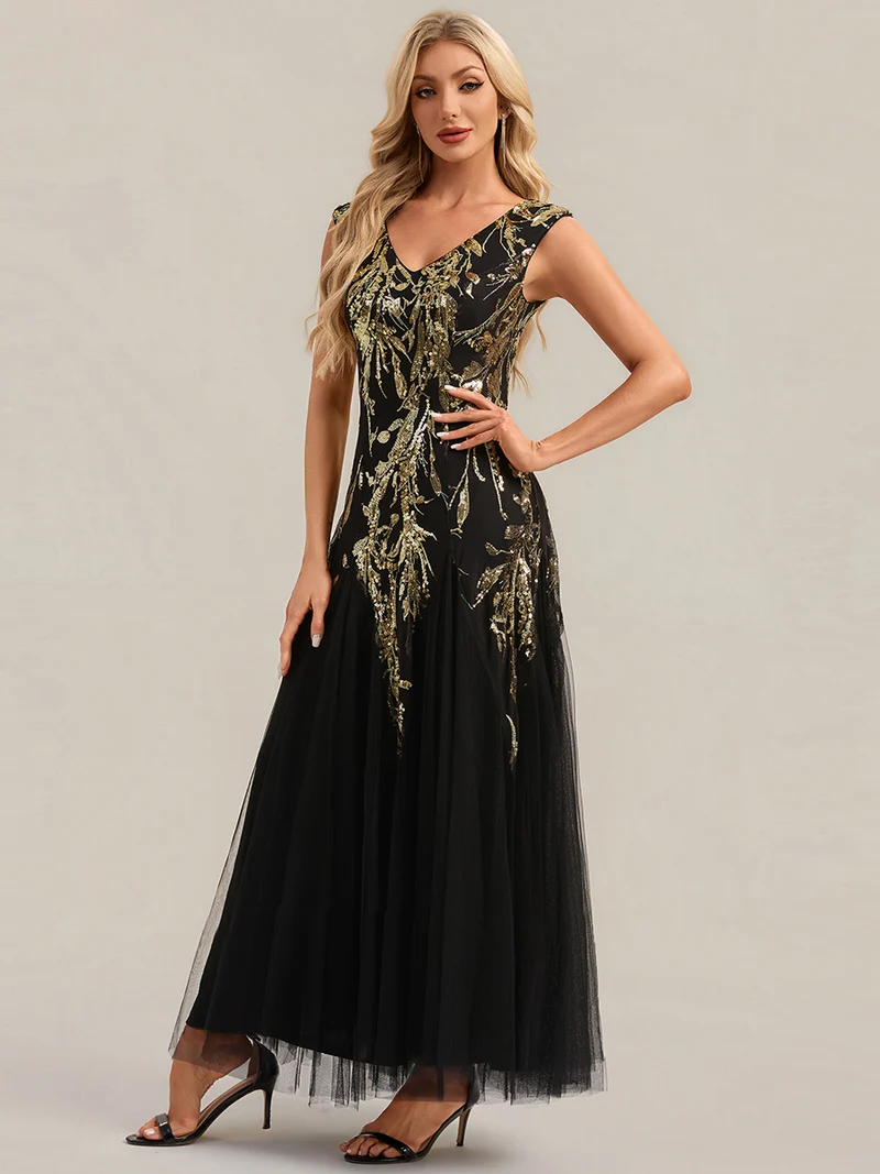 ever FREYA|Robe Longue de Soirée Chic en Tulle Brodé de Fleurs et Sequins