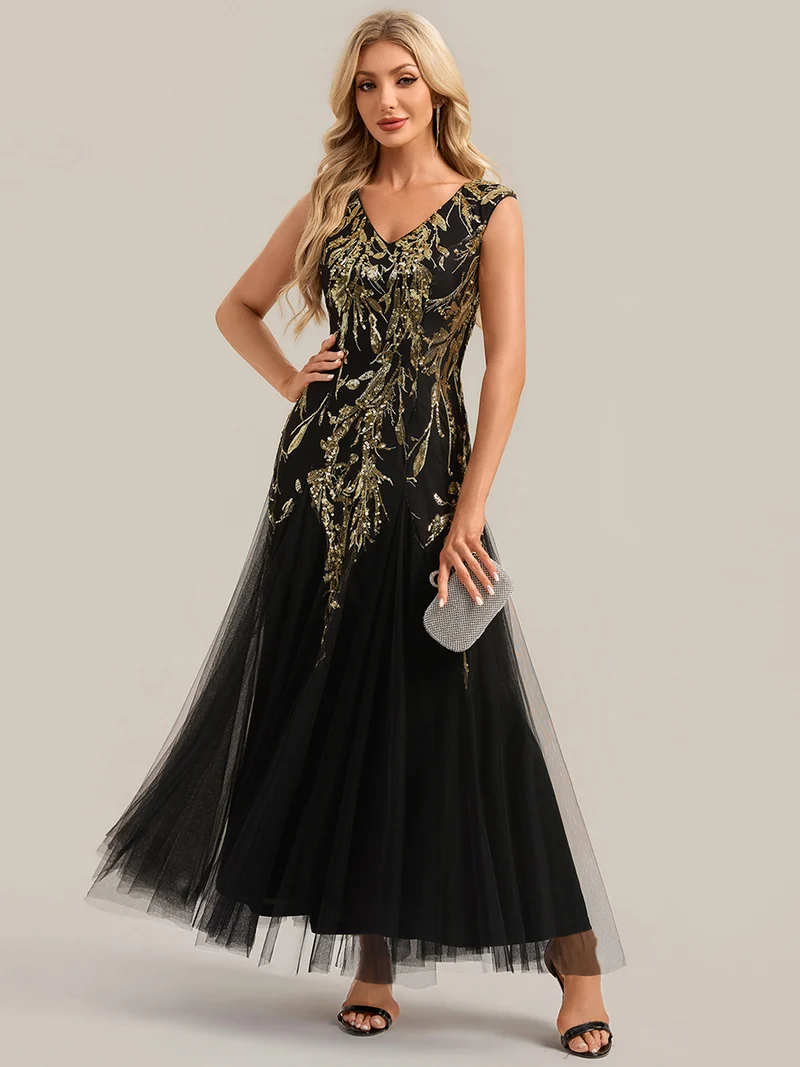 ever FREYA|Robe Longue de Soirée Chic en Tulle Brodé de Fleurs et Sequins