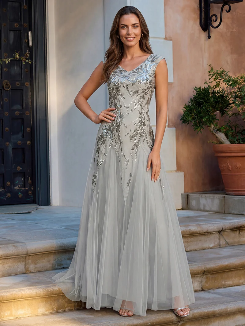 ever FREYA|Robe Longue de Soirée Chic en Tulle Brodé de Fleurs et Sequins