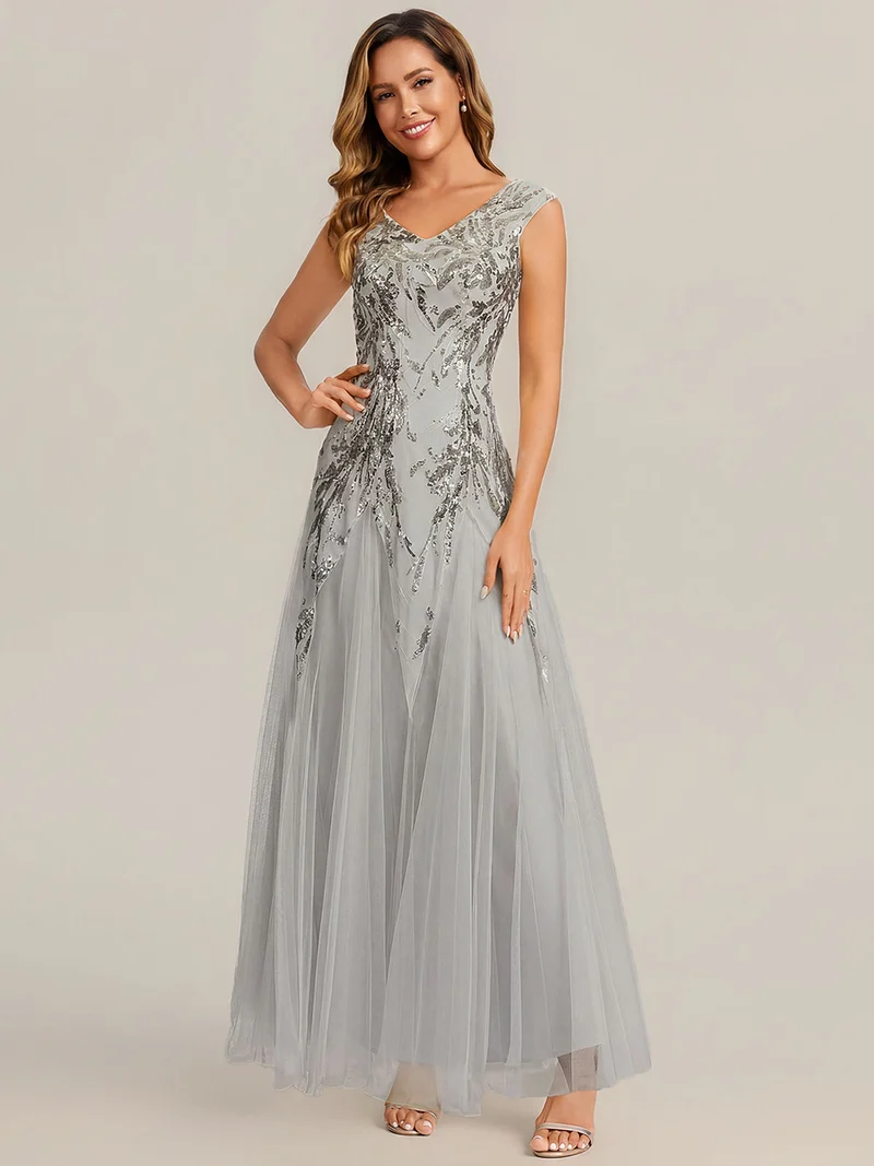 ever FREYA|Robe Longue de Soirée Chic en Tulle Brodé de Fleurs et Sequins