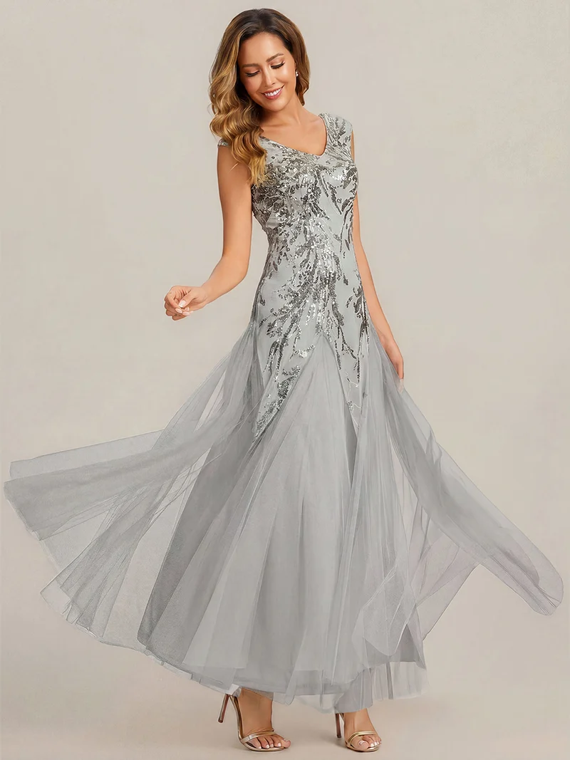 ever FREYA|Robe Longue de Soirée Chic en Tulle Brodé de Fleurs et Sequins