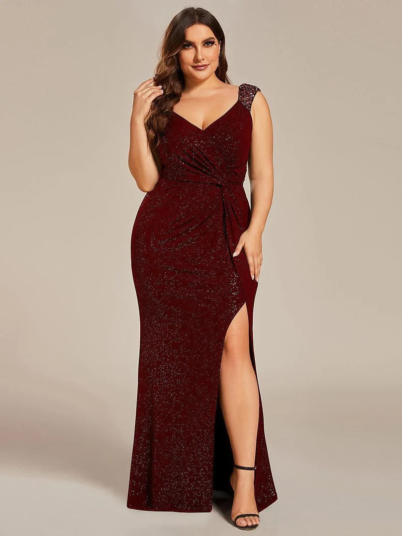 pretty NOIRE|Robe de soirée élégante à col en V à sequins de grande taille