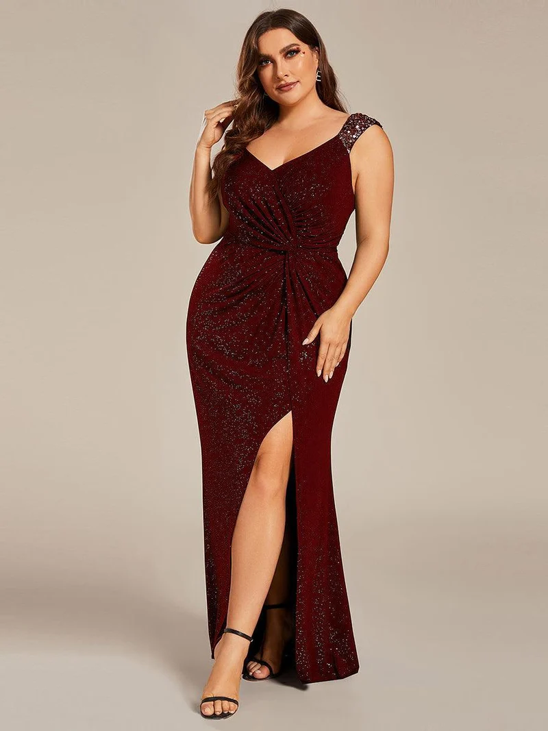 pretty NOIRE|Robe de soirée élégante à col en V à sequins de grande taille