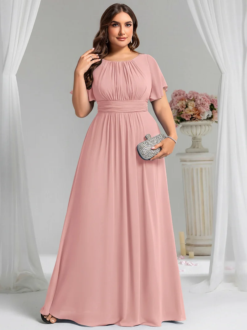 Robe de demoiselle d'honneur trapèze plissée en mousseline de soie simple, encolure ronde