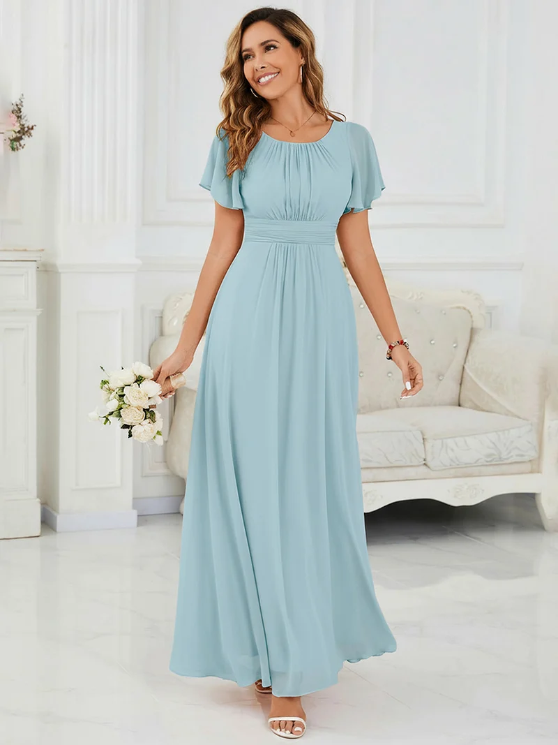 Robe de demoiselle d'honneur trapèze plissée en mousseline de soie simple, encolure ronde