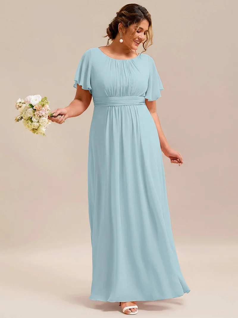 Robe de demoiselle d'honneur trapèze plissée en mousseline de soie simple, encolure ronde