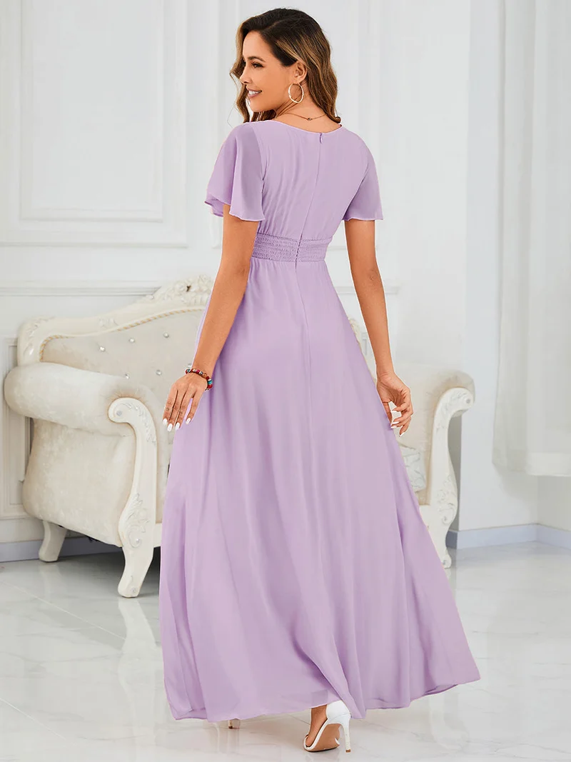 Robe de demoiselle d'honneur trapèze plissée en mousseline de soie simple, encolure ronde