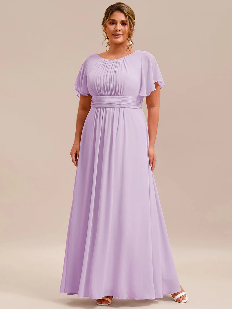 Robe de demoiselle d'honneur trapèze plissée en mousseline de soie simple, encolure ronde