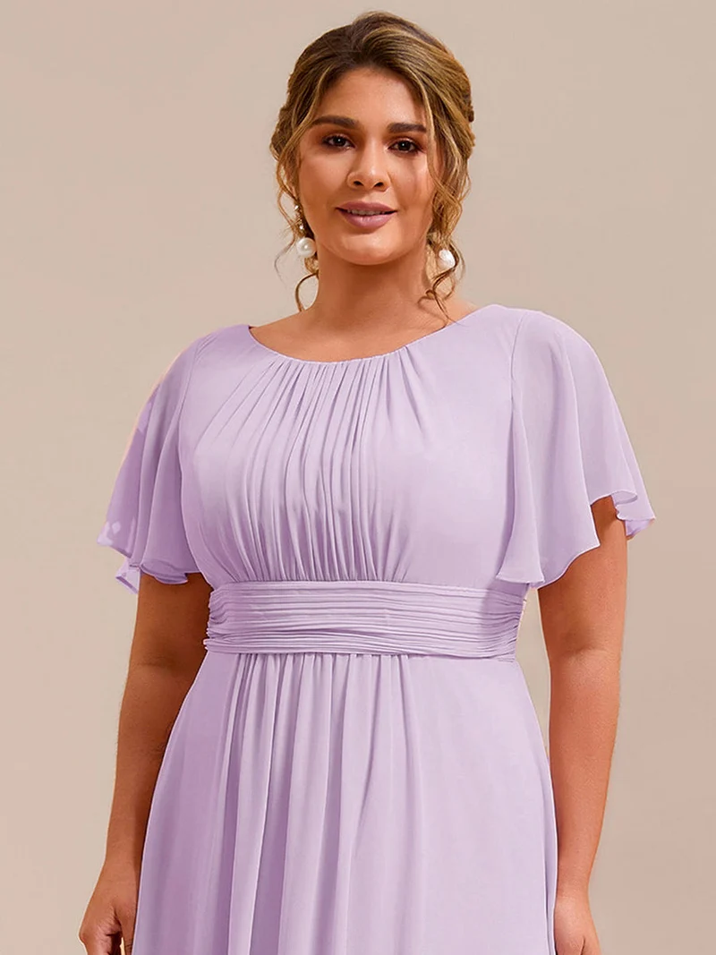 Robe de demoiselle d'honneur trapèze plissée en mousseline de soie simple, encolure ronde