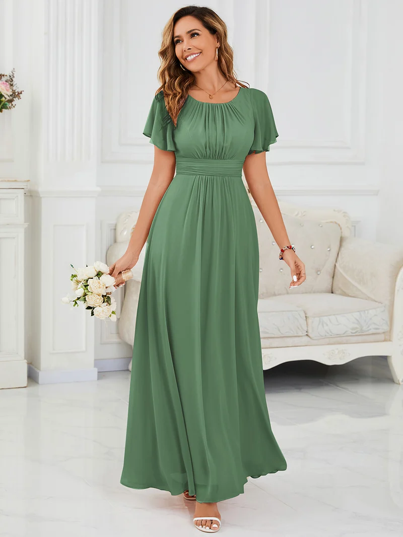 Robe de demoiselle d'honneur trapèze plissée en mousseline de soie simple, encolure ronde