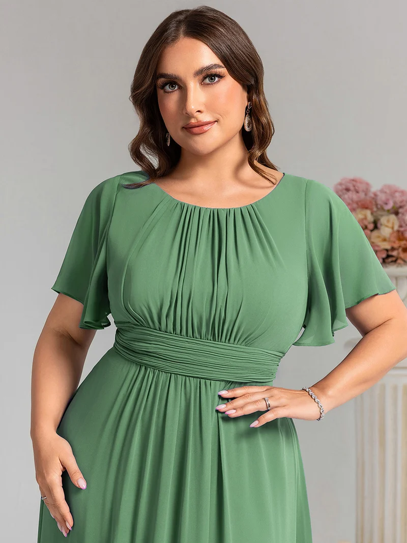 Robe de demoiselle d'honneur trapèze plissée en mousseline de soie simple, encolure ronde