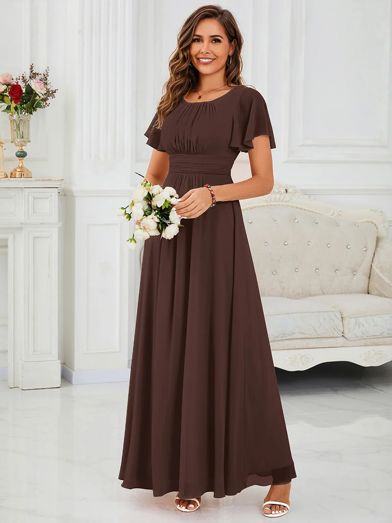 Robe de demoiselle d'honneur trapèze plissée en mousseline de soie simple, encolure ronde