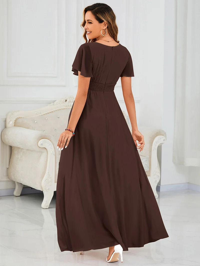 Robe de demoiselle d'honneur trapèze plissée en mousseline de soie simple, encolure ronde