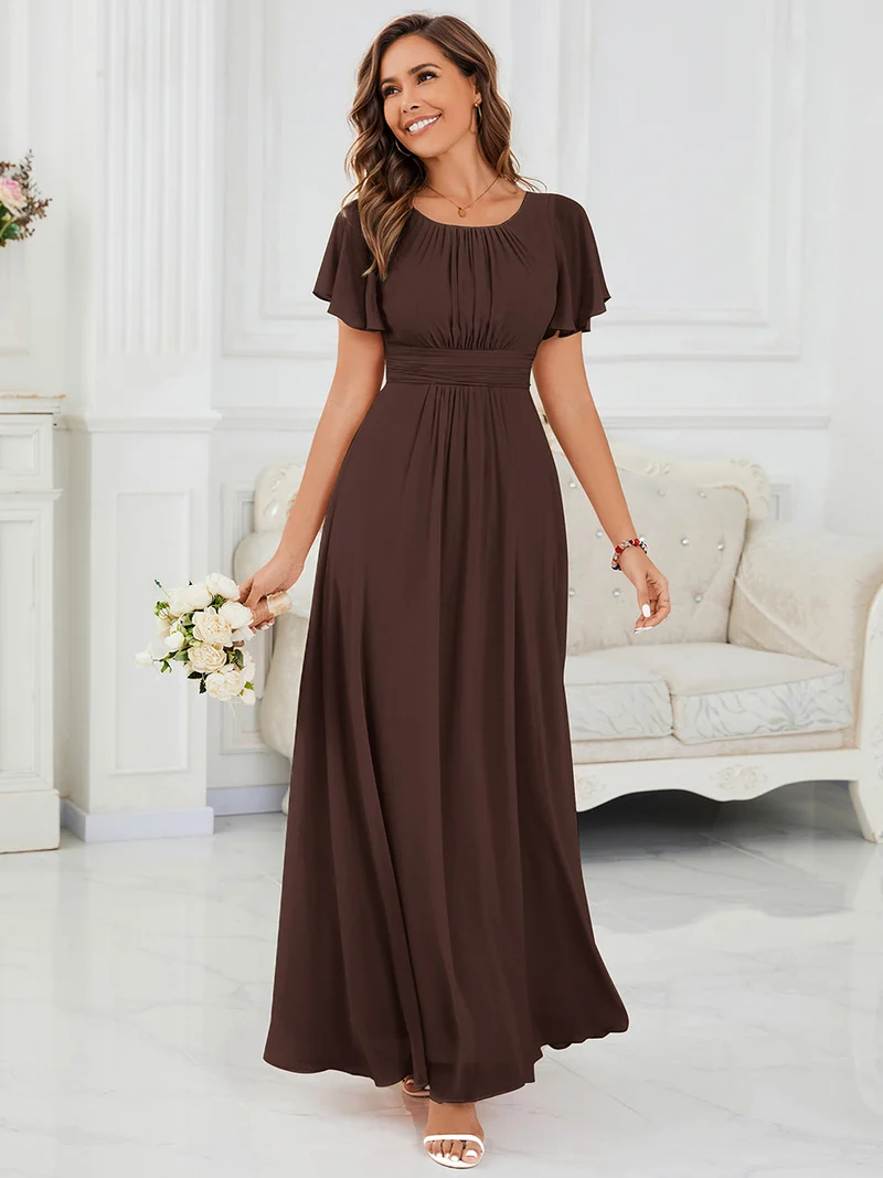 Robe de demoiselle d'honneur trapèze plissée en mousseline de soie simple, encolure ronde