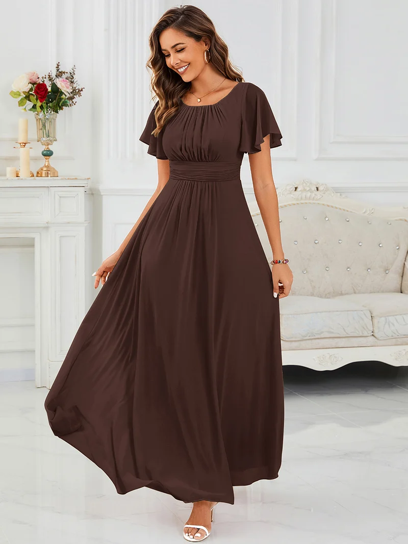 Robe de demoiselle d'honneur trapèze plissée en mousseline de soie simple, encolure ronde