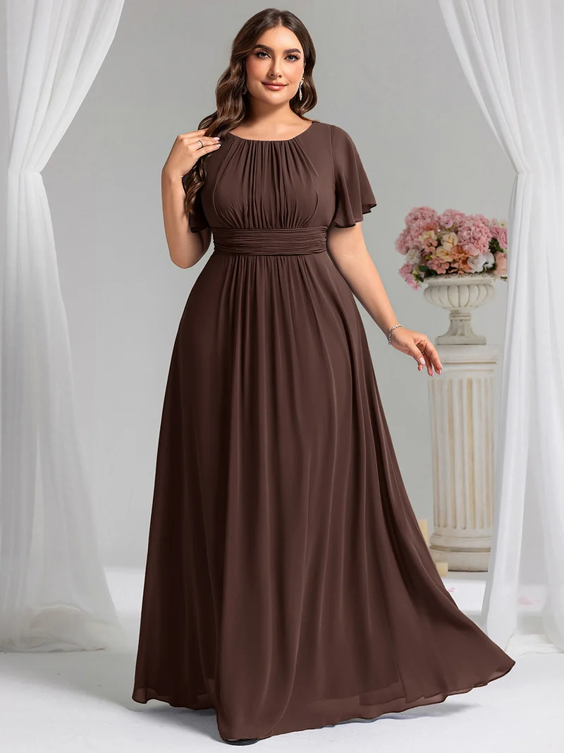 Robe de demoiselle d'honneur trapèze plissée en mousseline de soie simple, encolure ronde
