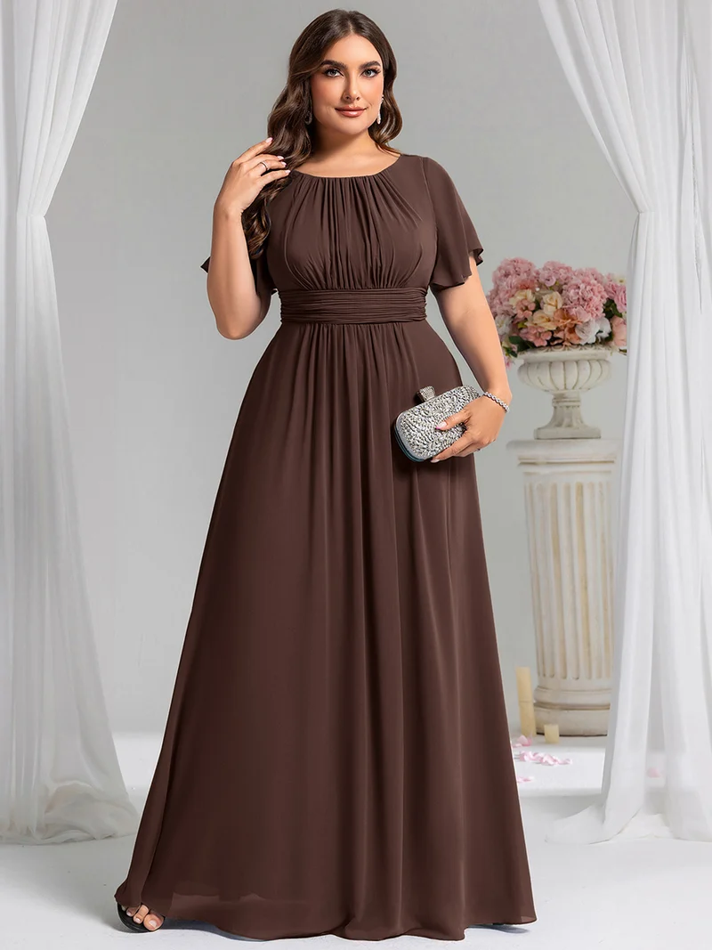 Robe de demoiselle d'honneur trapèze plissée en mousseline de soie simple, encolure ronde
