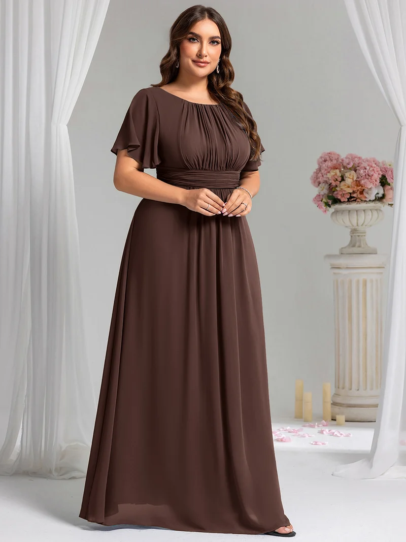Robe de demoiselle d'honneur trapèze plissée en mousseline de soie simple, encolure ronde