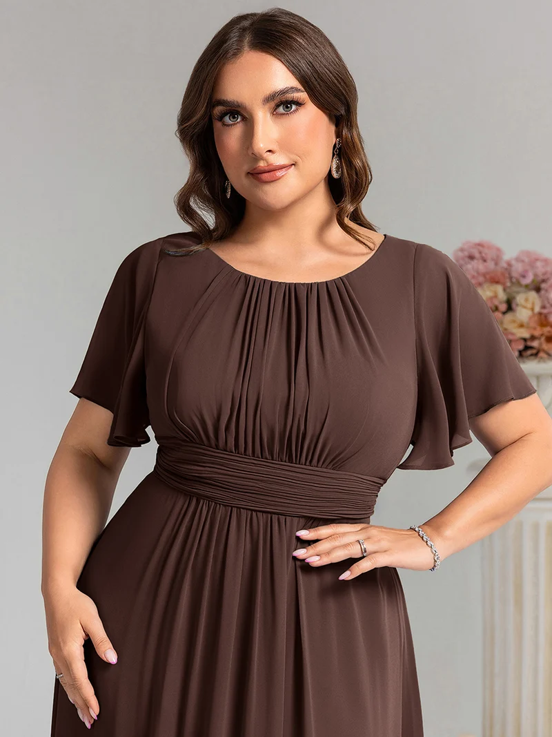 Robe de demoiselle d'honneur trapèze plissée en mousseline de soie simple, encolure ronde
