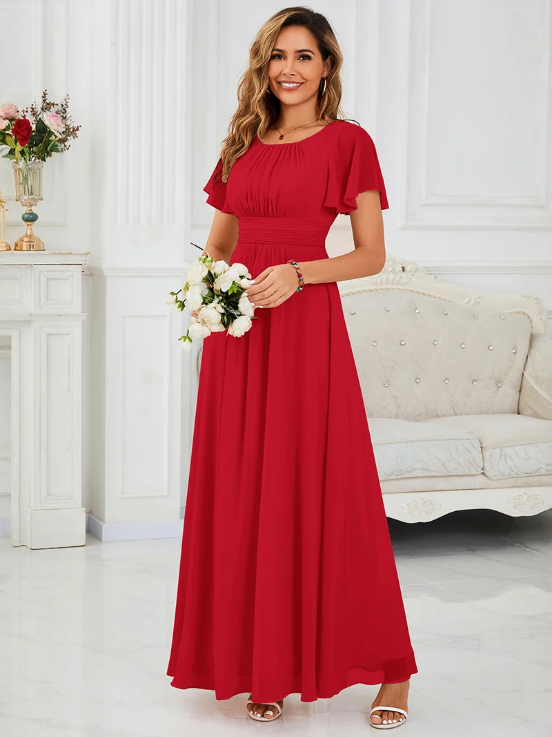Robe de demoiselle d'honneur trapèze plissée en mousseline de soie simple, encolure ronde