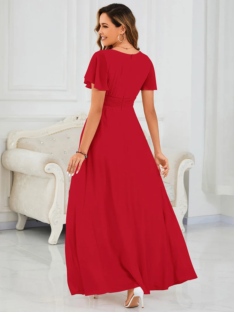Robe de demoiselle d'honneur trapèze plissée en mousseline de soie simple, encolure ronde