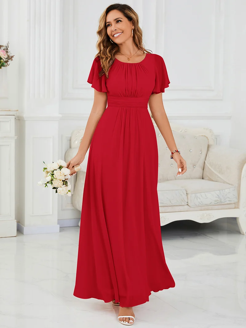 Robe de demoiselle d'honneur trapèze plissée en mousseline de soie simple, encolure ronde