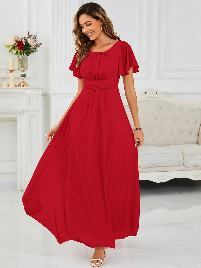 Robe de demoiselle d'honneur trapèze plissée en mousseline de soie simple, encolure ronde