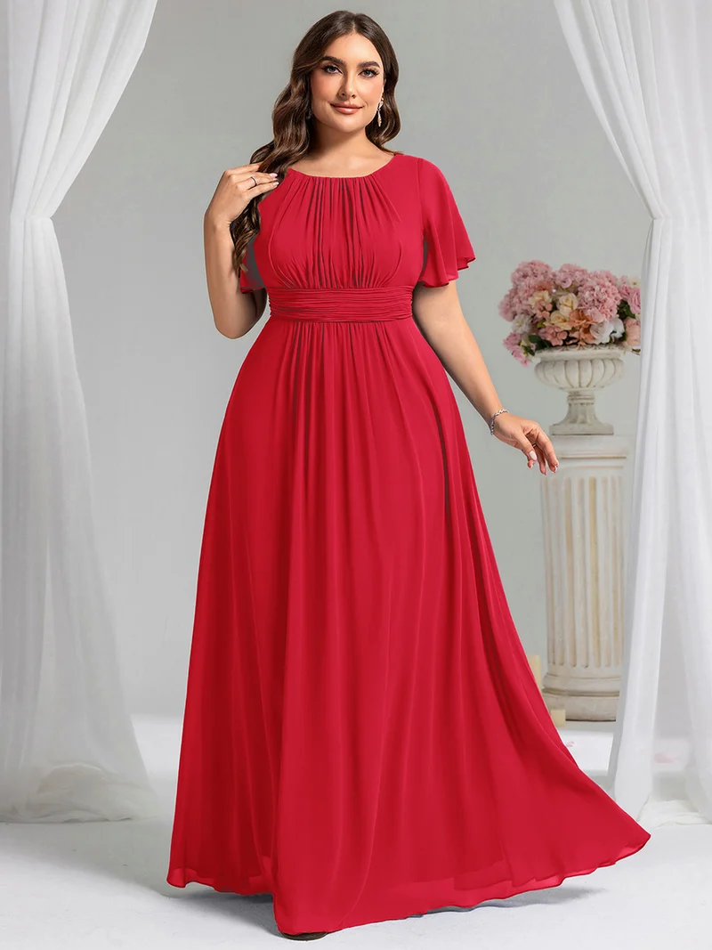 Robe de demoiselle d'honneur trapèze plissée en mousseline de soie simple, encolure ronde