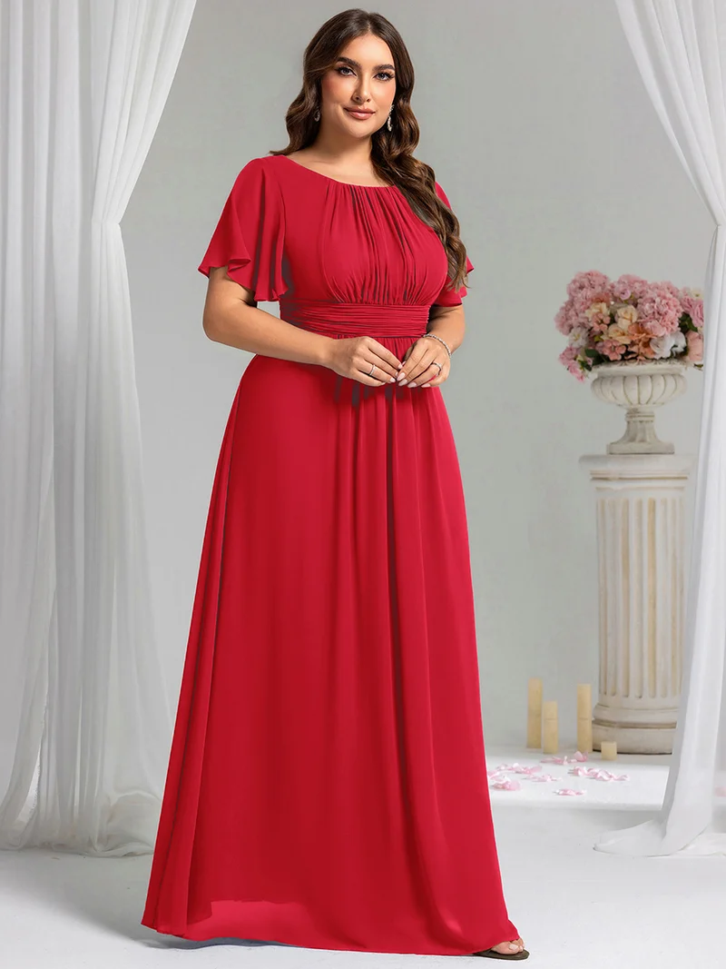 Robe de demoiselle d'honneur trapèze plissée en mousseline de soie simple, encolure ronde