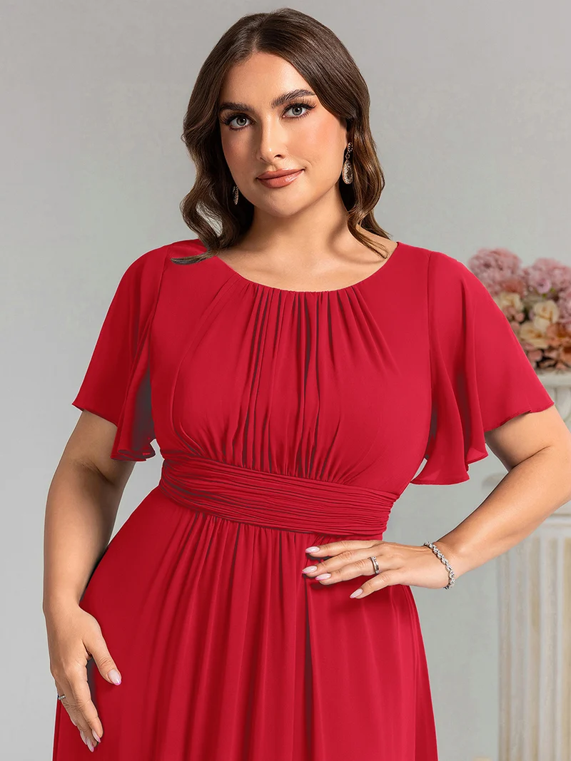 Robe de demoiselle d'honneur trapèze plissée en mousseline de soie simple, encolure ronde