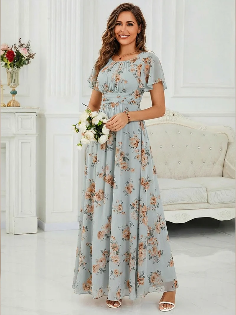 Robe de demoiselle d'honneur trapèze plissée en mousseline de soie simple, encolure ronde