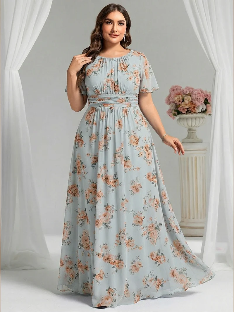 Robe de demoiselle d'honneur trapèze plissée en mousseline de soie simple, encolure ronde