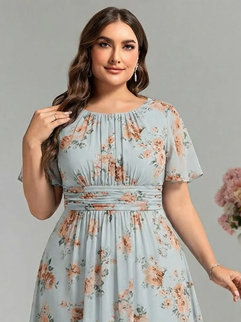 Robe de demoiselle d'honneur trapèze plissée en mousseline de soie simple, encolure ronde