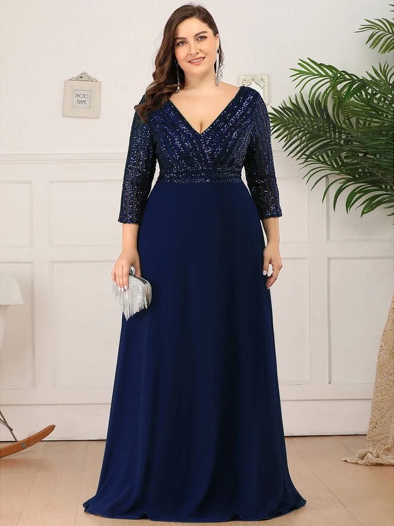 ever IRIS|Robe de soirée chic à manches mi-longues en V avec une coupe évasée et longueur au sol ornée de patchwork en sequins