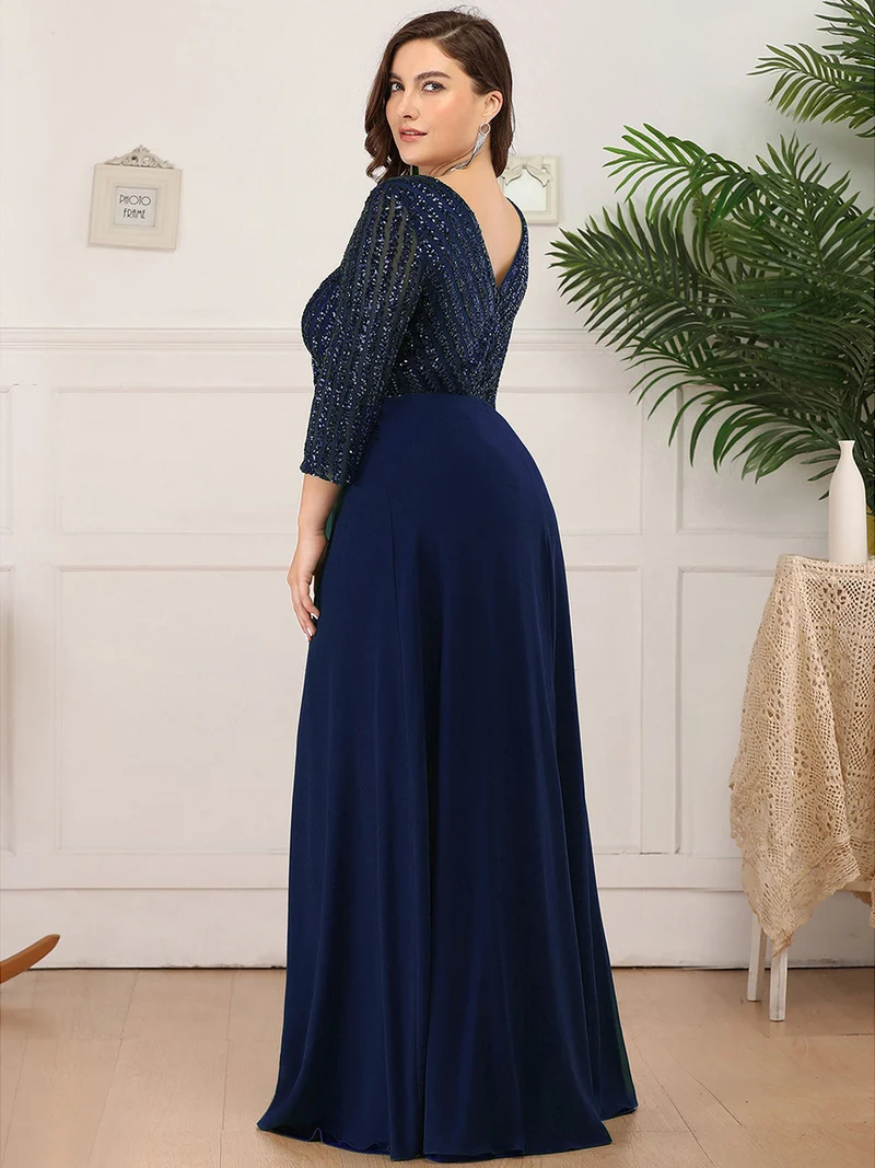 ever IRIS|Robe de soirée chic à manches mi-longues en V avec une coupe évasée et longueur au sol ornée de patchwork en sequins