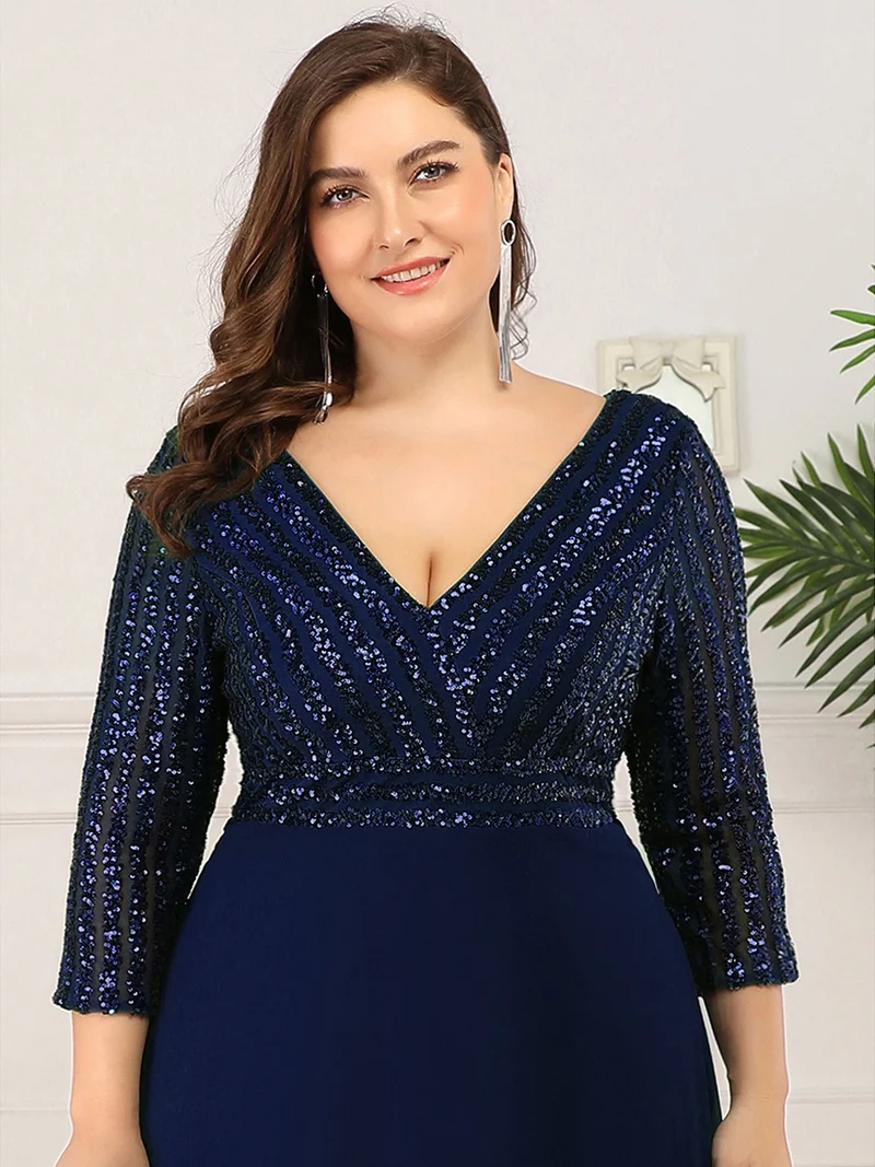 ever IRIS|Robe de soirée chic à manches mi-longues en V avec une coupe évasée et longueur au sol ornée de patchwork en sequins