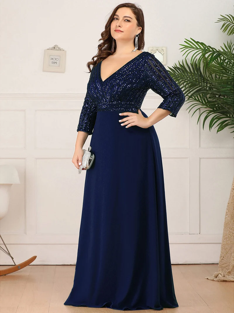 ever IRIS|Robe de soirée chic à manches mi-longues en V avec une coupe évasée et longueur au sol ornée de patchwork en sequins