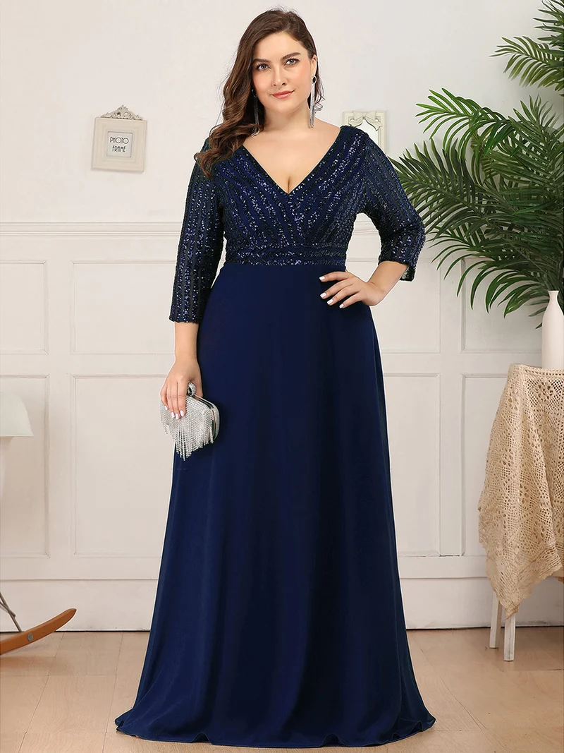 ever IRIS|Robe de soirée chic à manches mi-longues en V avec une coupe évasée et longueur au sol ornée de patchwork en sequins