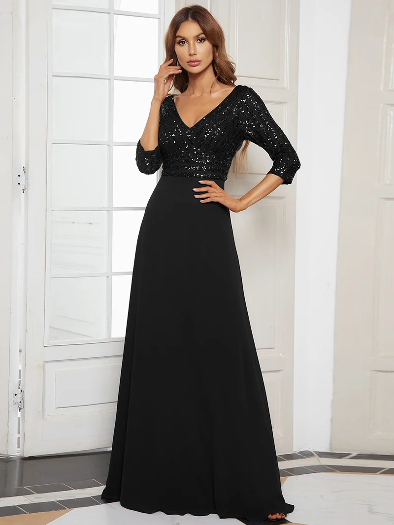 ever IRIS|Robe de soirée chic à manches mi-longues en V avec une coupe évasée et longueur au sol ornée de patchwork en sequins
