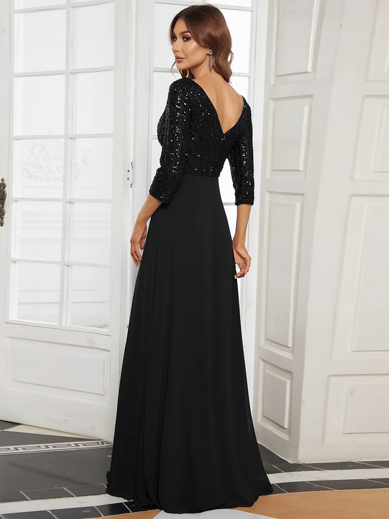 ever IRIS|Robe de soirée chic à manches mi-longues en V avec une coupe évasée et longueur au sol ornée de patchwork en sequins