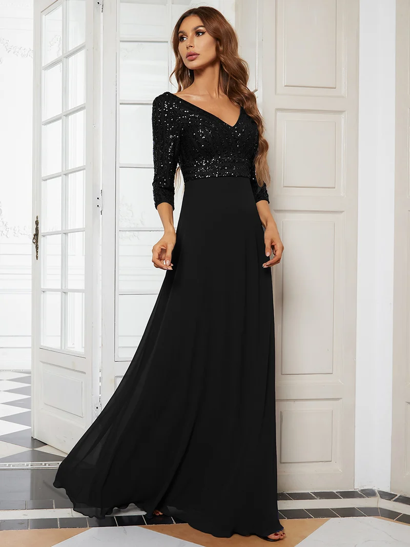 ever IRIS|Robe de soirée chic à manches mi-longues en V avec une coupe évasée et longueur au sol ornée de patchwork en sequins