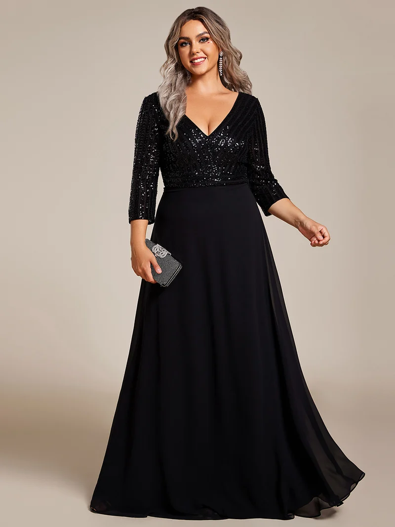 ever IRIS|Robe de soirée chic à manches mi-longues en V avec une coupe évasée et longueur au sol ornée de patchwork en sequins