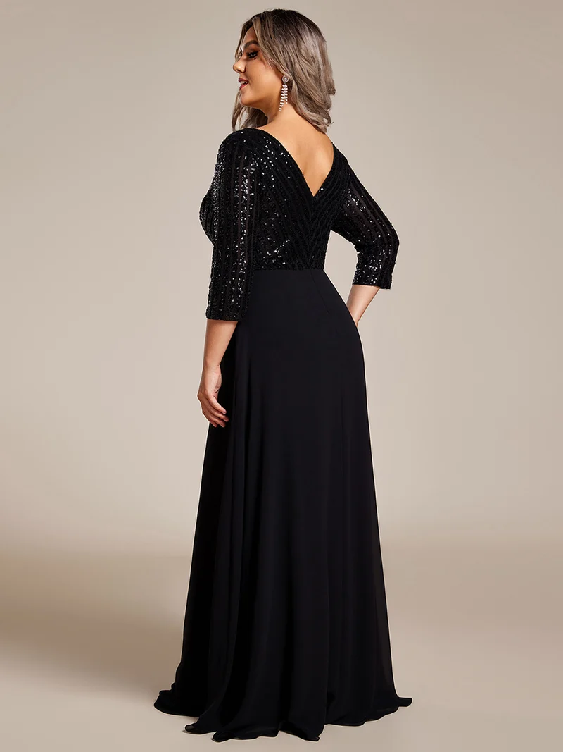ever IRIS|Robe de soirée chic à manches mi-longues en V avec une coupe évasée et longueur au sol ornée de patchwork en sequins