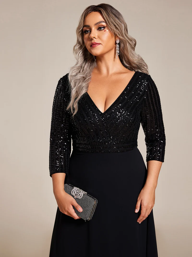 ever IRIS|Robe de soirée chic à manches mi-longues en V avec une coupe évasée et longueur au sol ornée de patchwork en sequins