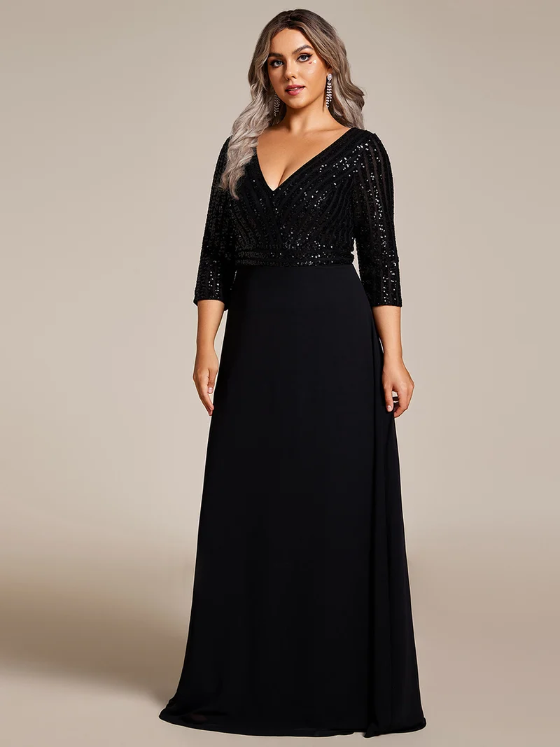 ever IRIS|Robe de soirée chic à manches mi-longues en V avec une coupe évasée et longueur au sol ornée de patchwork en sequins