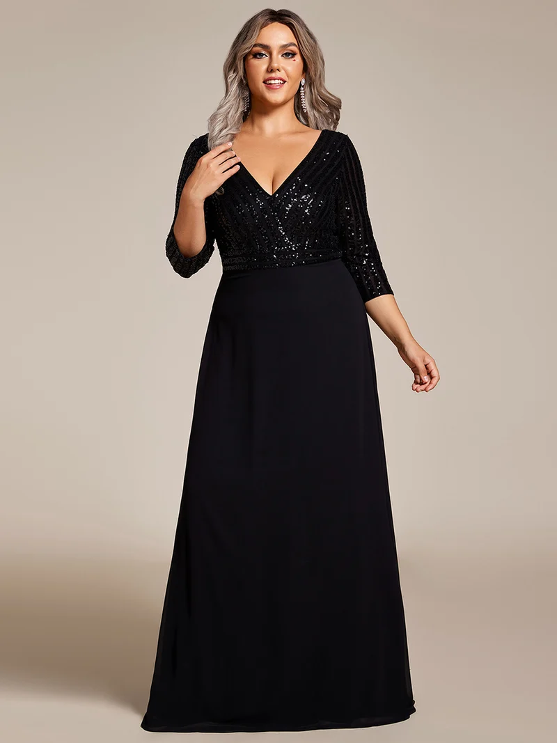 ever IRIS|Robe de soirée chic à manches mi-longues en V avec une coupe évasée et longueur au sol ornée de patchwork en sequins