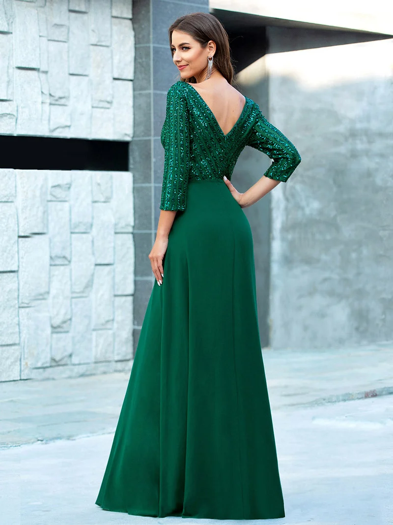 ever IRIS|Robe de soirée chic à manches mi-longues en V avec une coupe évasée et longueur au sol ornée de patchwork en sequins