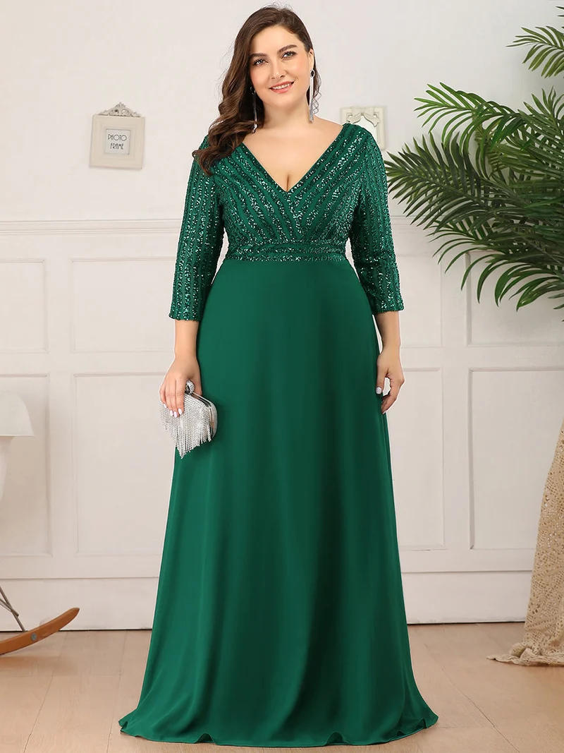 ever IRIS|Robe de soirée chic à manches mi-longues en V avec une coupe évasée et longueur au sol ornée de patchwork en sequins