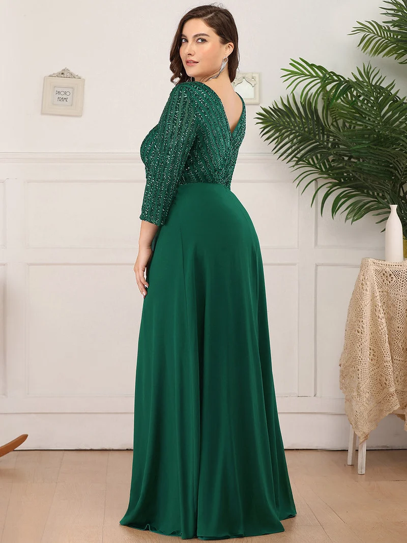 ever IRIS|Robe de soirée chic à manches mi-longues en V avec une coupe évasée et longueur au sol ornée de patchwork en sequins
